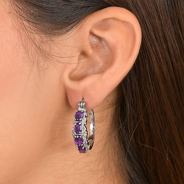 EverTrue African Amethyst Hoop Earrings In Stainless Steel 3.35 Ctw