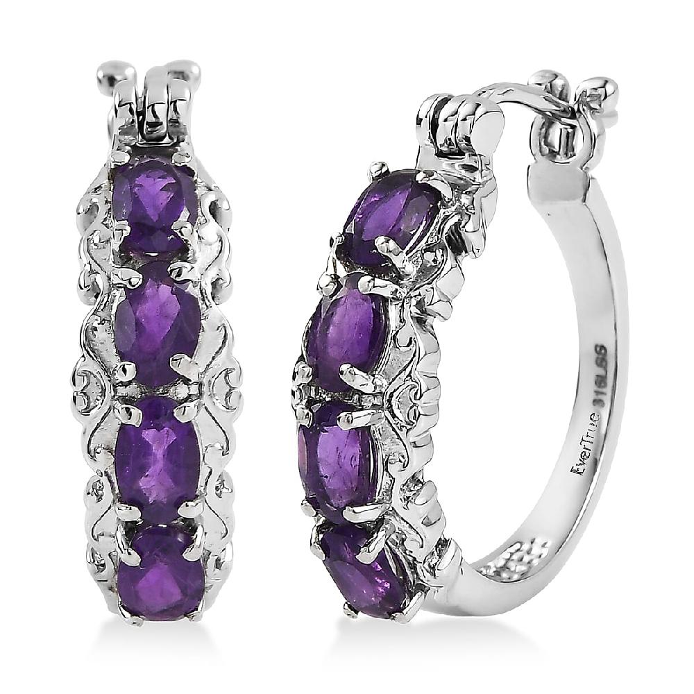 EverTrue African Amethyst Hoop Earrings in Stainless Steel 3.35 ctw