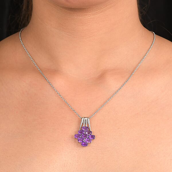EverTrue African Amethyst Pendant Necklace In Stainless Steel 4.15 Ctw (20 Inches)