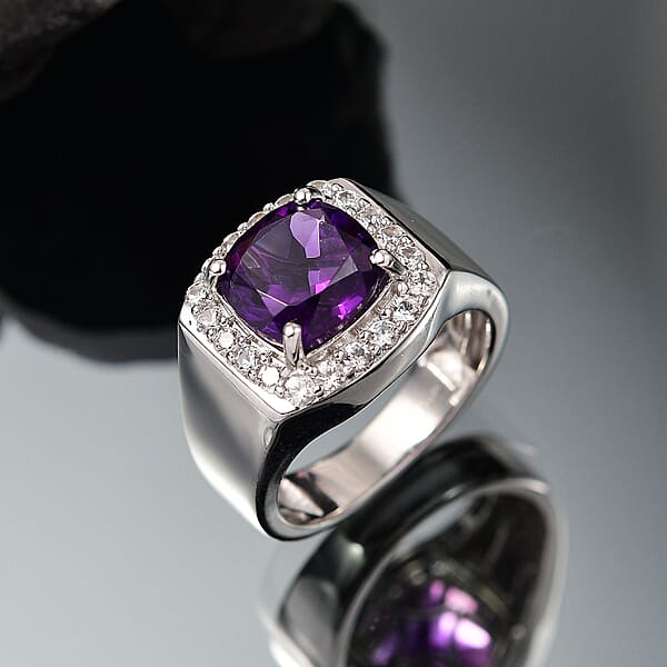 EverTrue African Amethyst White Zircon Mens Ring In Platinum Bond 5.00 Ctw