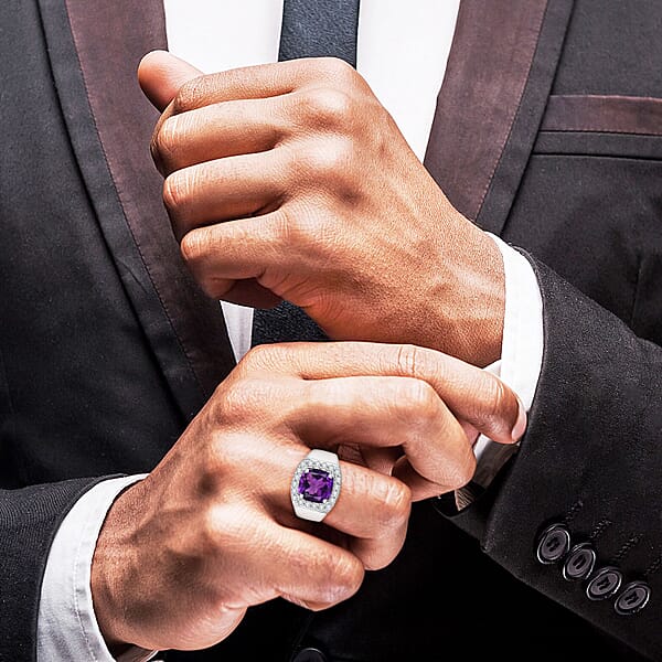 EverTrue African Amethyst White Zircon Mens Ring In Platinum Bond 5.00 Ctw