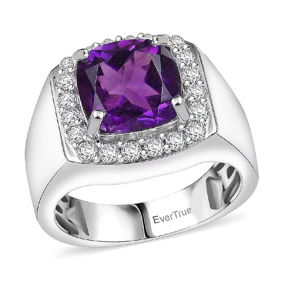EverTrue African Amethyst White Zircon Mens Ring in Platinum Bond 5.00 ctw