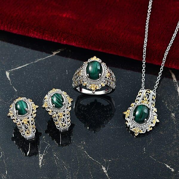 EverTrue African Malachite 11.65 Ctw Vintage Earrings Ring And Pendant In 18K YG Plated And Platinum Bond With Stainless Steel Necklace 20 Inches