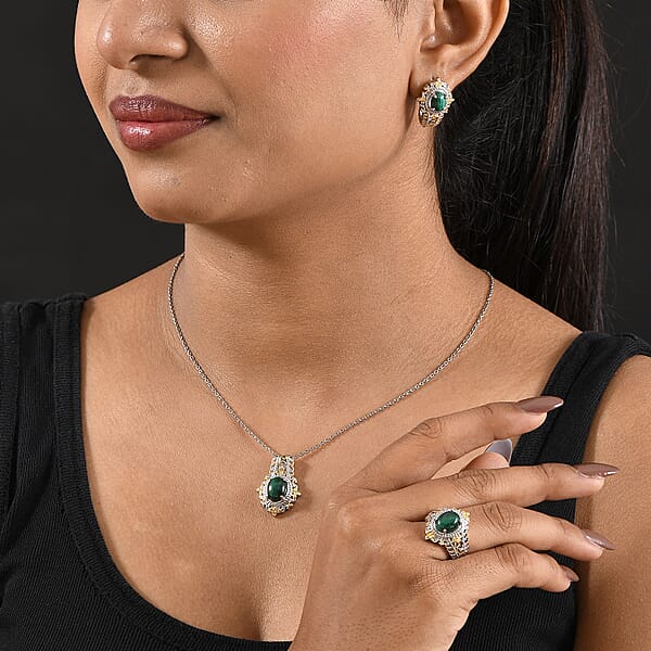 EverTrue African Malachite 11.65 Ctw Vintage Earrings Ring And Pendant In 18K YG Plated And Platinum Bond With Stainless Steel Necklace 20 Inches