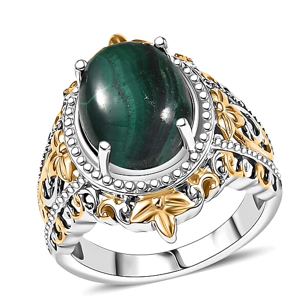 EverTrue African Malachite 11.65 Ctw Vintage Earrings Ring And Pendant In 18K YG Plated And Platinum Bond With Stainless Steel Necklace 20 Inches