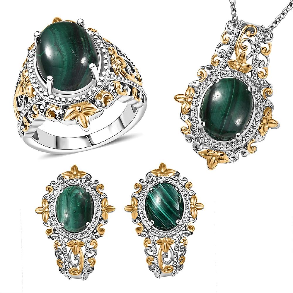 EverTrue African Malachite 11.65 ctw Vintage Earrings Ring and Pendant in 18K YG Plated and Platinum Bond with Stainless Steel Necklace 20 Inches