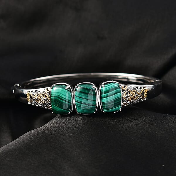 EverTrue African Malachite 26.25 Ctw Vintage Filigree Bangle Bracelet In 18K YG Plated And Platinum Bond (7.25 In)