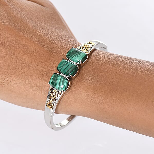 EverTrue African Malachite 26.25 Ctw Vintage Filigree Bangle Bracelet In 18K YG Plated And Platinum Bond (7.25 In)