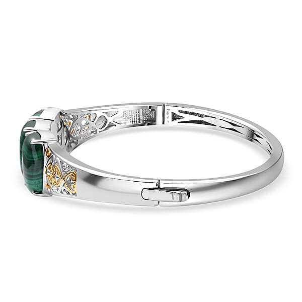 EverTrue African Malachite 26.25 Ctw Vintage Filigree Bangle Bracelet In 18K YG Plated And Platinum Bond (7.25 In)