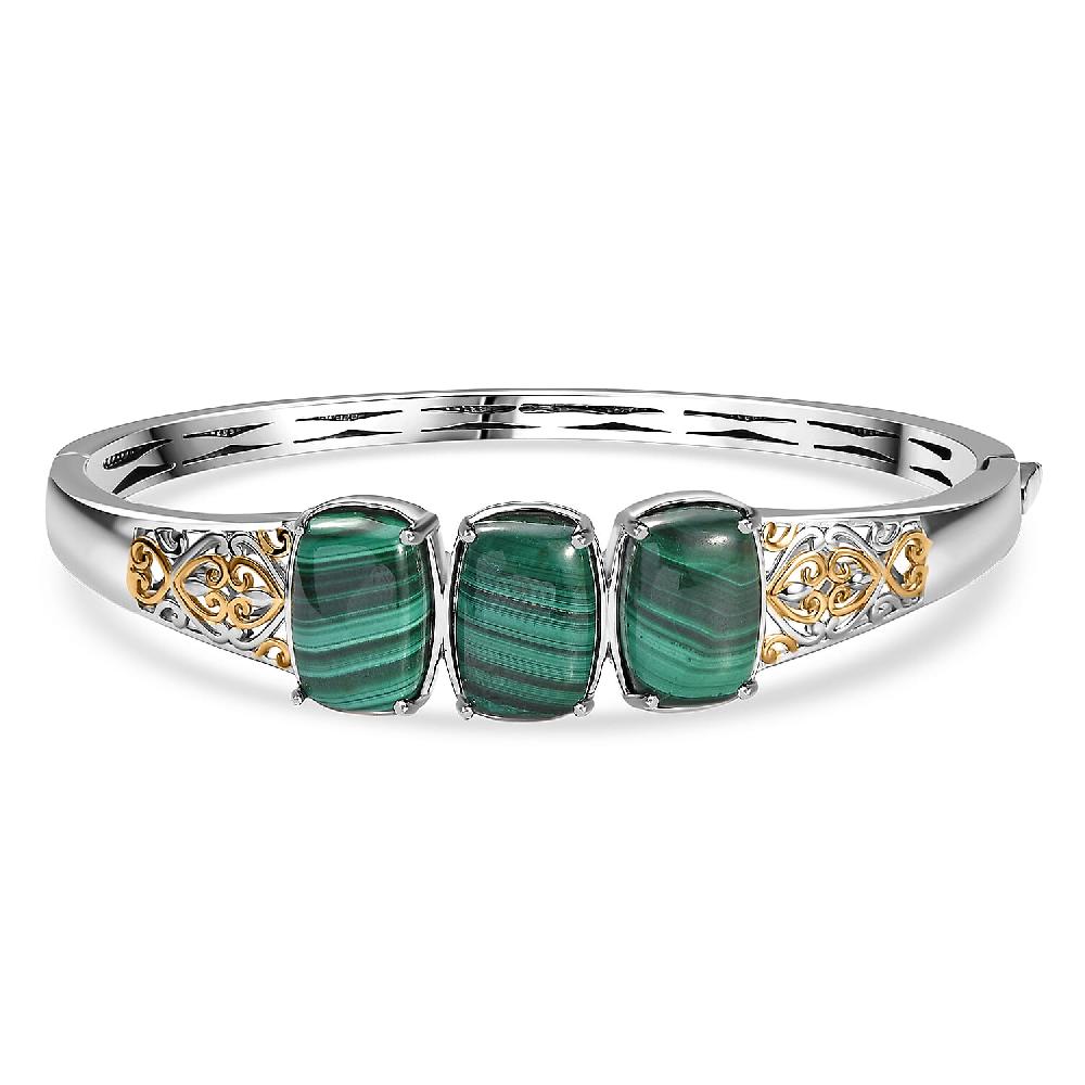 EverTrue African Malachite 26.25 ctw Vintage Filigree Bangle Bracelet in 18K YG Plated and Platinum Bond (7.25 In)