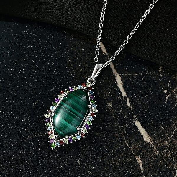 EverTrue African Malachite And Multi Gemstone 14.25 Ctw Celestial Halo Pendant In Platinum Bond With Stainless Steel Necklace 20 Inches