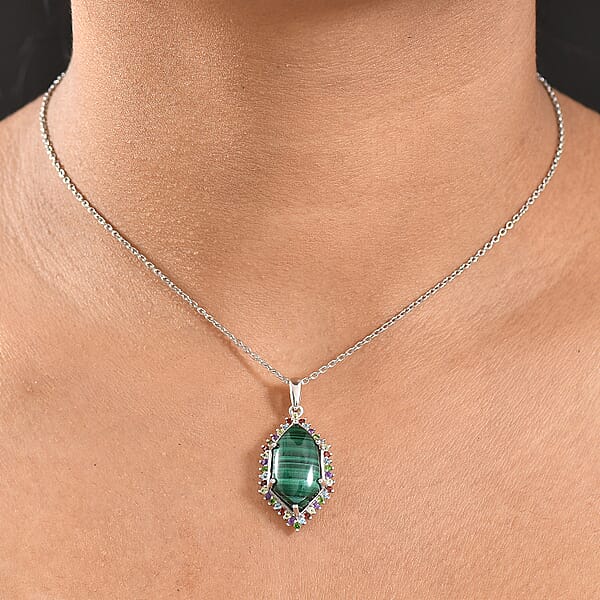 EverTrue African Malachite And Multi Gemstone 14.25 Ctw Celestial Halo Pendant In Platinum Bond With Stainless Steel Necklace 20 Inches