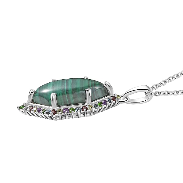 EverTrue African Malachite And Multi Gemstone 14.25 Ctw Celestial Halo Pendant In Platinum Bond With Stainless Steel Necklace 20 Inches