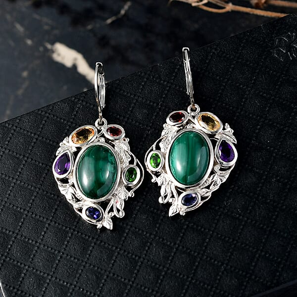 EverTrue African Malachite And Multi Gemstone 19.10 Ctw Blooming Garden Earrings In Platinum Bond