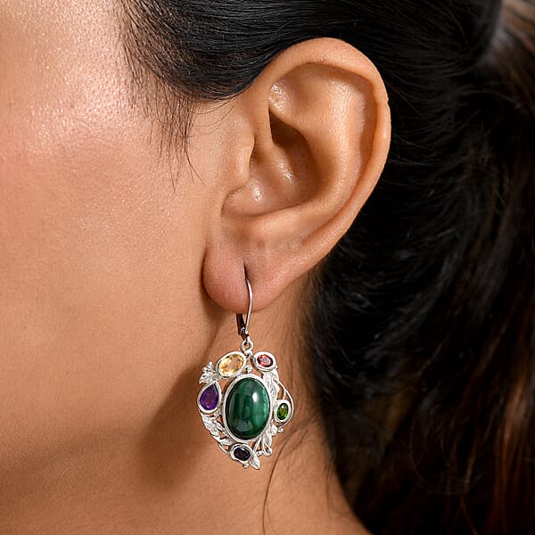 EverTrue African Malachite And Multi Gemstone 19.10 Ctw Blooming Garden Earrings In Platinum Bond