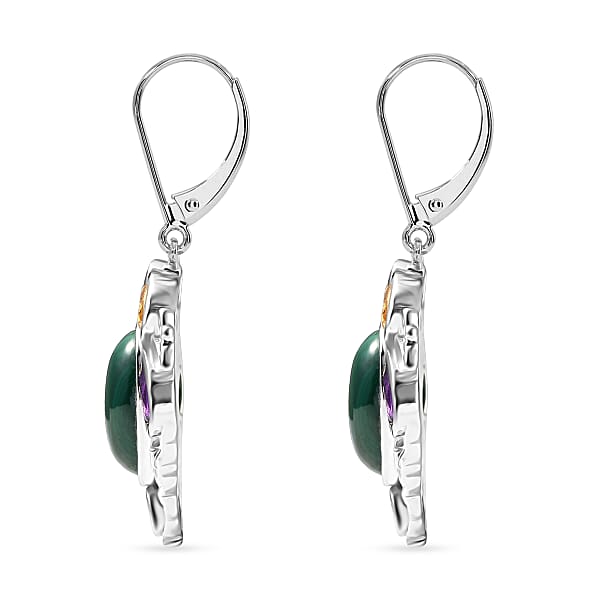 EverTrue African Malachite And Multi Gemstone 19.10 Ctw Blooming Garden Earrings In Platinum Bond