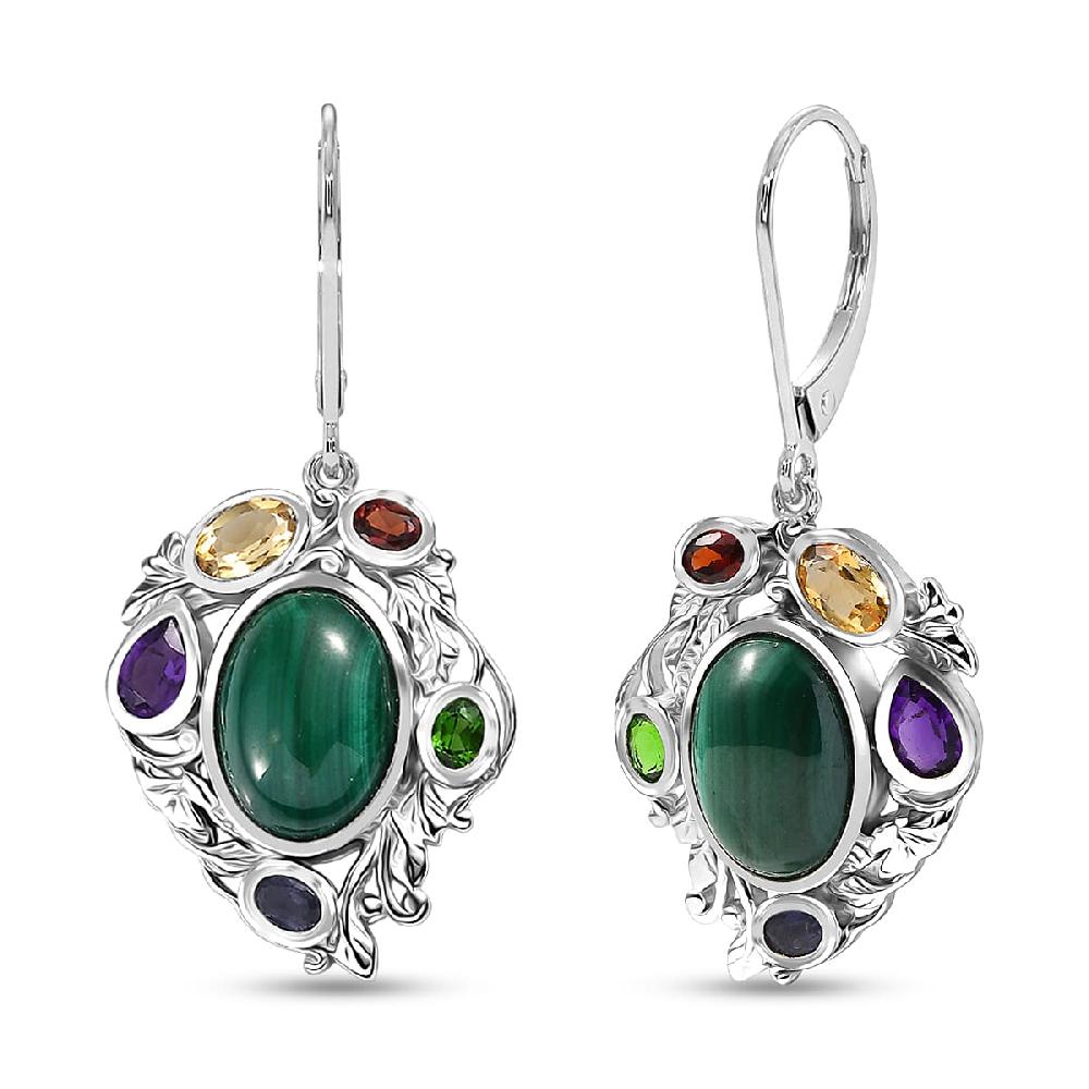 EverTrue African Malachite and Multi Gemstone 19.10 ctw Blooming Garden Earrings in Platinum Bond