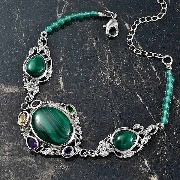EverTrue African Malachite And Multi Gemstone 36.50 Ctw Blooming Garden Bracelet In Platinum Bond (7.25 In)