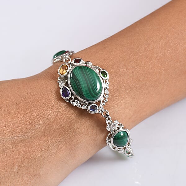 EverTrue African Malachite And Multi Gemstone 36.50 Ctw Blooming Garden Bracelet In Platinum Bond (7.25 In)