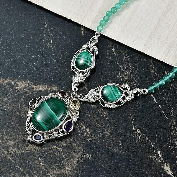 EverTrue African Malachite And Multi Gemstone 45.30 Ctw Blooming Garden Necklace In Platinum Bond 18 Inches