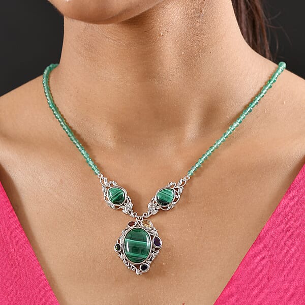 EverTrue African Malachite And Multi Gemstone 45.30 Ctw Blooming Garden Necklace In Platinum Bond 18 Inches