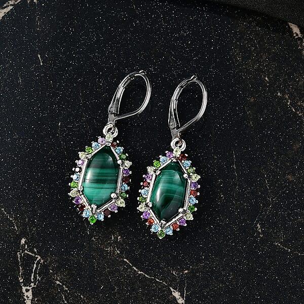 EverTrue African Malachite And Multi Gemstone 8.50 Ctw Celestial Halo Earrings In Platinum Bond