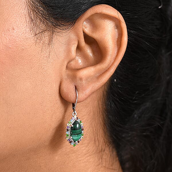 EverTrue African Malachite And Multi Gemstone 8.50 Ctw Celestial Halo Earrings In Platinum Bond