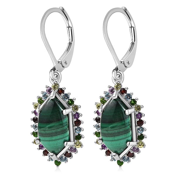 EverTrue African Malachite And Multi Gemstone 8.50 Ctw Celestial Halo Earrings In Platinum Bond