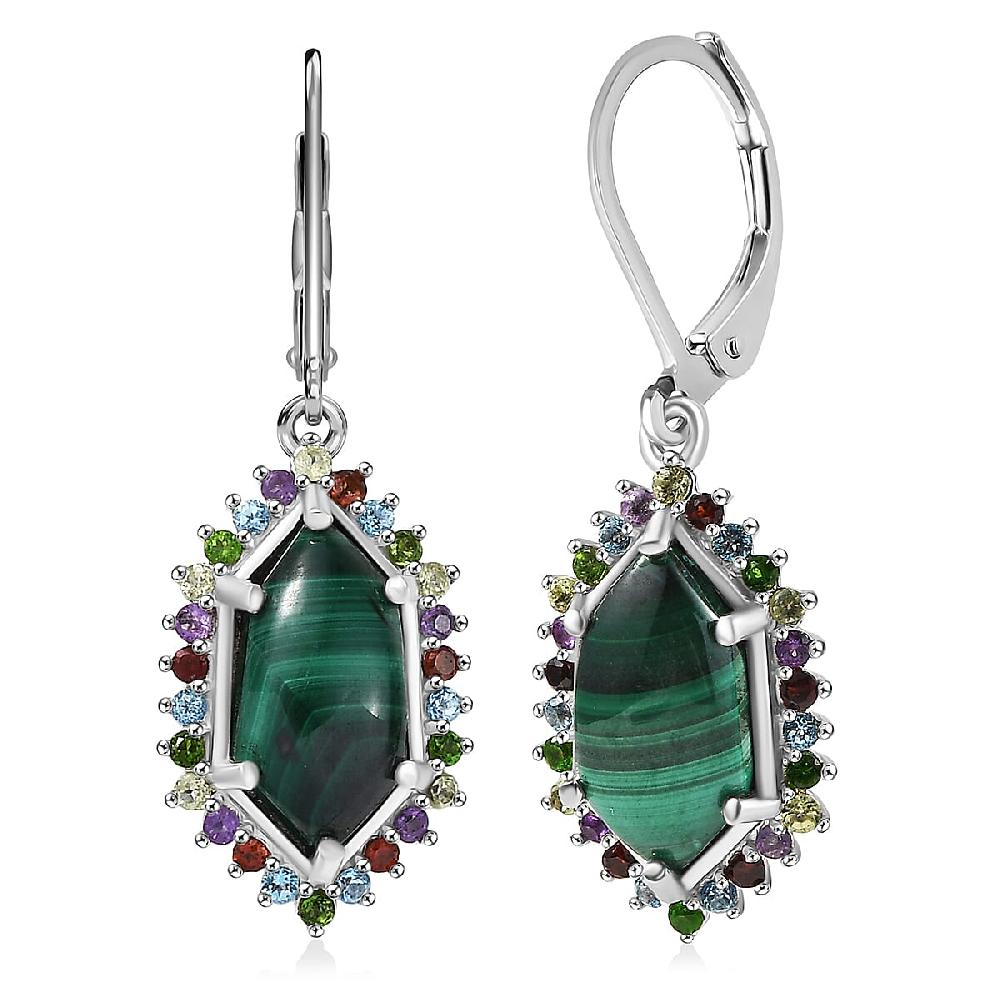 EverTrue African Malachite and Multi Gemstone 8.50 ctw Celestial Halo Earrings in Platinum Bond