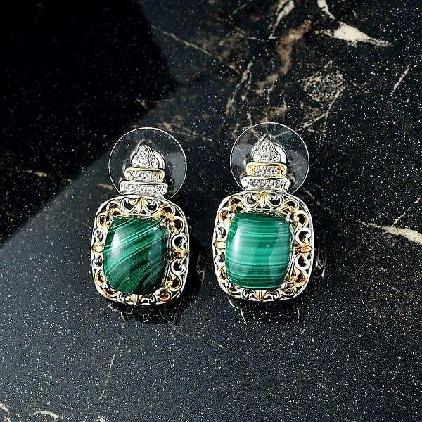 EverTrue African Malachite And White Zircon 14.85 Ctw Vintage Era Earrings In 18K YG Plated And Platinum Bond