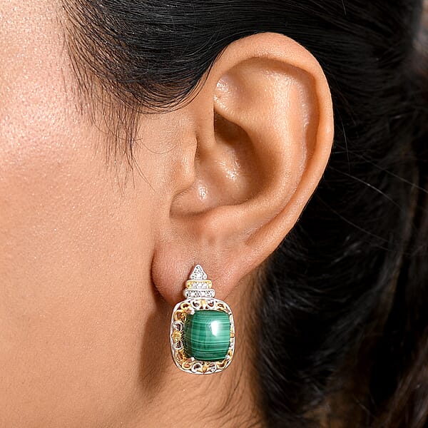 EverTrue African Malachite And White Zircon 14.85 Ctw Vintage Era Earrings In 18K YG Plated And Platinum Bond