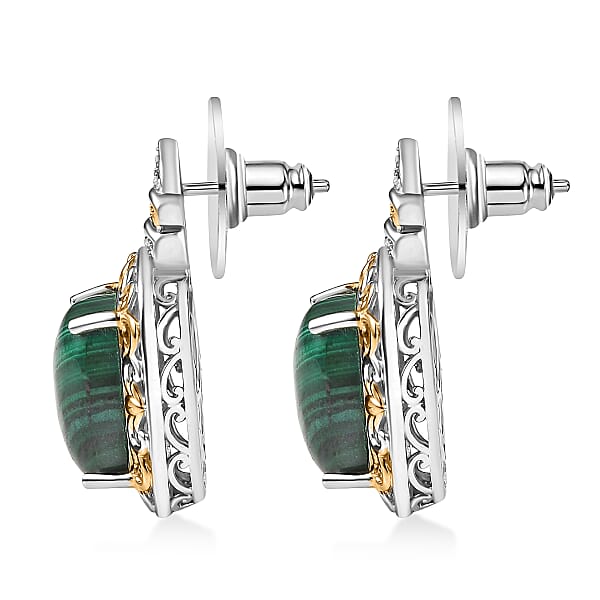 EverTrue African Malachite And White Zircon 14.85 Ctw Vintage Era Earrings In 18K YG Plated And Platinum Bond