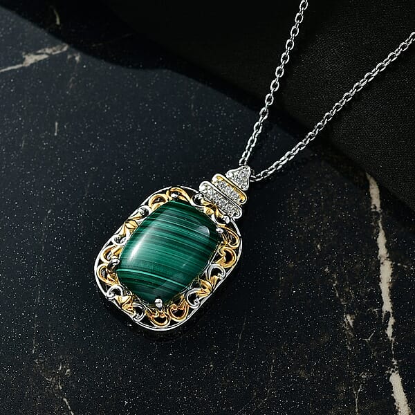 EverTrue African Malachite And White Zircon 17.00 Ctw Vintage Era Pendant In 18K YG Plated And Platinum Bond With Stainless Steel Necklace 20 Inches