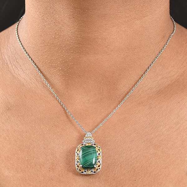 EverTrue African Malachite And White Zircon 17.00 Ctw Vintage Era Pendant In 18K YG Plated And Platinum Bond With Stainless Steel Necklace 20 Inches