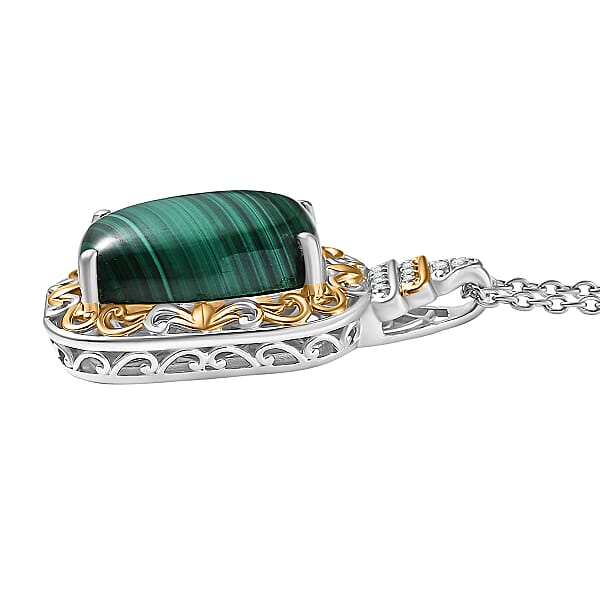 EverTrue African Malachite And White Zircon 17.00 Ctw Vintage Era Pendant In 18K YG Plated And Platinum Bond With Stainless Steel Necklace 20 Inches