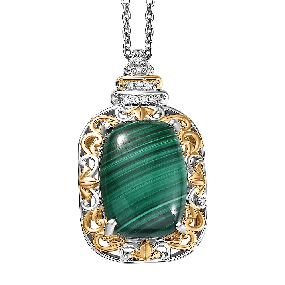 EverTrue African Malachite and White Zircon 17.00 ctw Vintage Era Pendant in 18K YG Plated and Platinum Bond with Stainless Steel Necklace 20 Inches