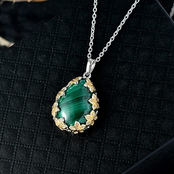 EverTrue African Malachite And White Zircon 19.40 Ctw Floral Pendant In 18K YG Plated And Platinum Bond With Stainless Steel Necklace 20 Inches