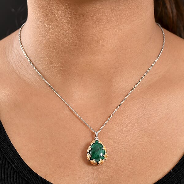 EverTrue African Malachite And White Zircon 19.40 Ctw Floral Pendant In 18K YG Plated And Platinum Bond With Stainless Steel Necklace 20 Inches