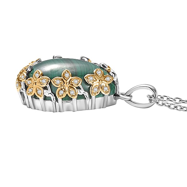 EverTrue African Malachite And White Zircon 19.40 Ctw Floral Pendant In 18K YG Plated And Platinum Bond With Stainless Steel Necklace 20 Inches