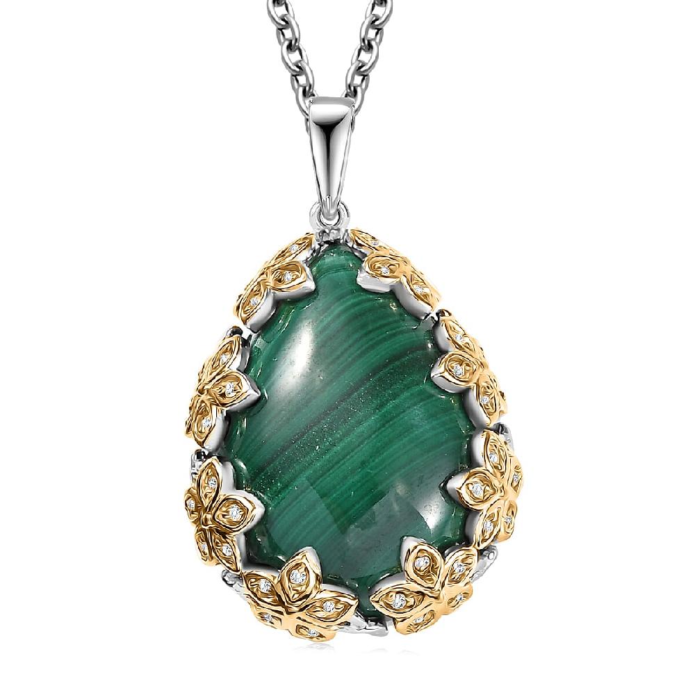 EverTrue African Malachite and White Zircon 19.40 ctw Floral Pendant in 18K YG Plated and Platinum Bond with Stainless Steel Necklace 20 Inches