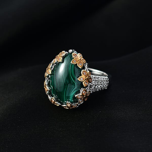 EverTrue African Malachite And White Zircon 20.00 Ctw Floral Ring In 18K YG Plated And Platinum Bond