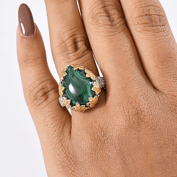 EverTrue African Malachite And White Zircon 20.00 Ctw Floral Ring In 18K YG Plated And Platinum Bond