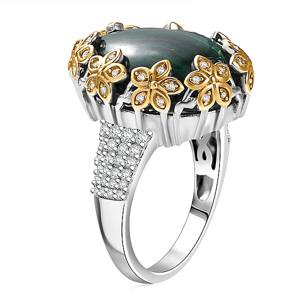 EverTrue African Malachite And White Zircon 20.00 Ctw Floral Ring In 18K YG Plated And Platinum Bond