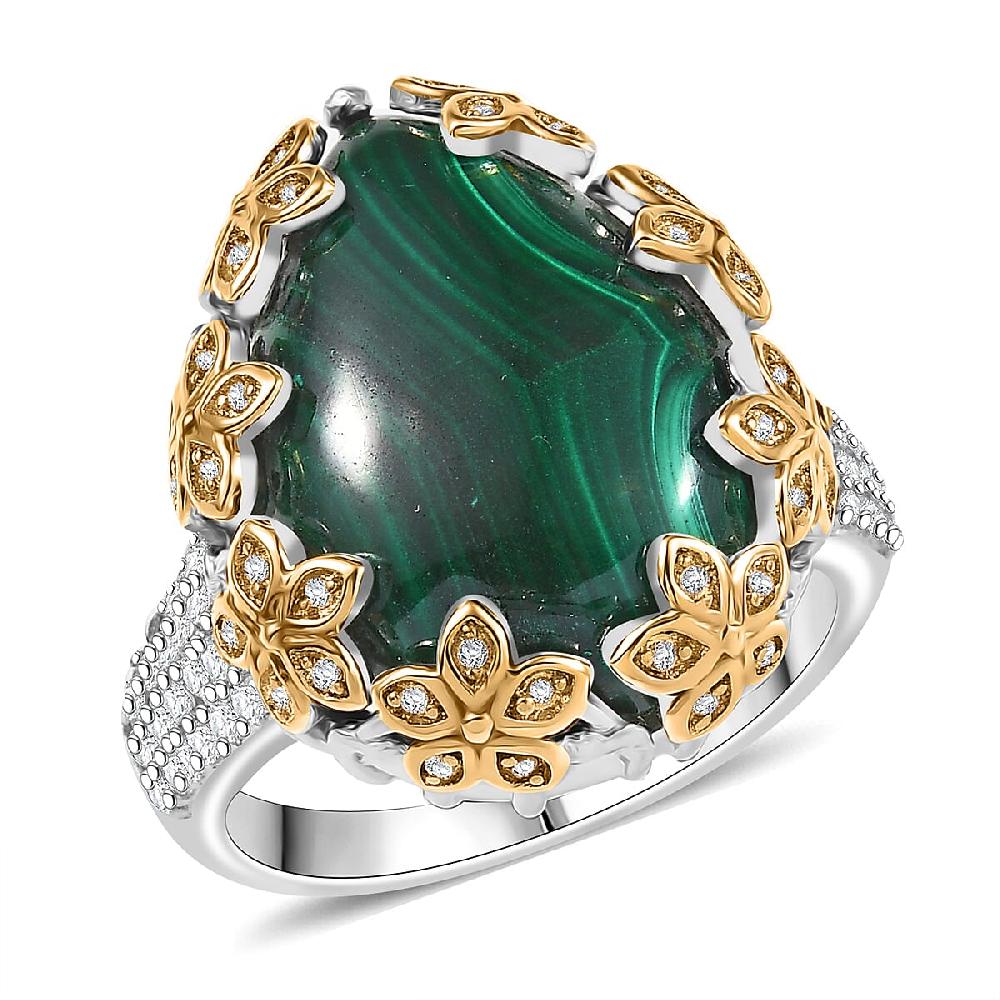EverTrue African Malachite and White Zircon 20.00 ctw Floral Ring in 18K YG Plated and Platinum Bond