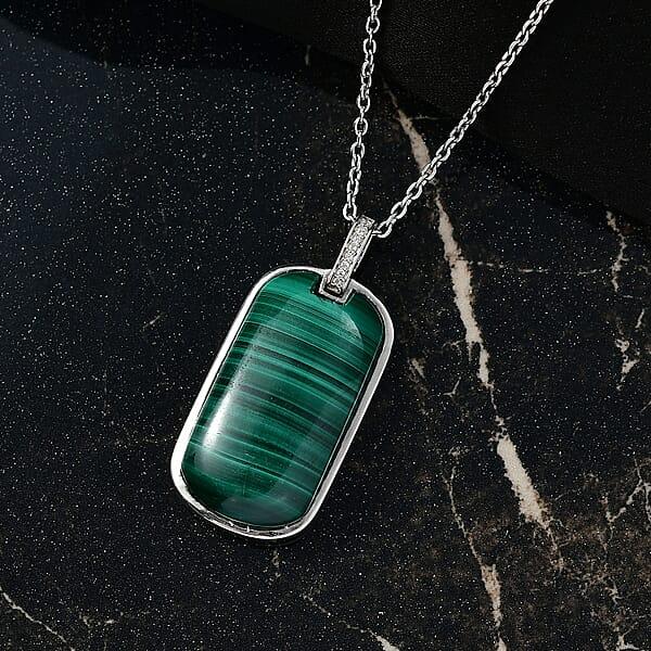 EverTrue African Malachite And White Zircon 28.40 Ctw Dogtag Pendant In Platinum Bond With Stainless Steel Necklace 24 Inches