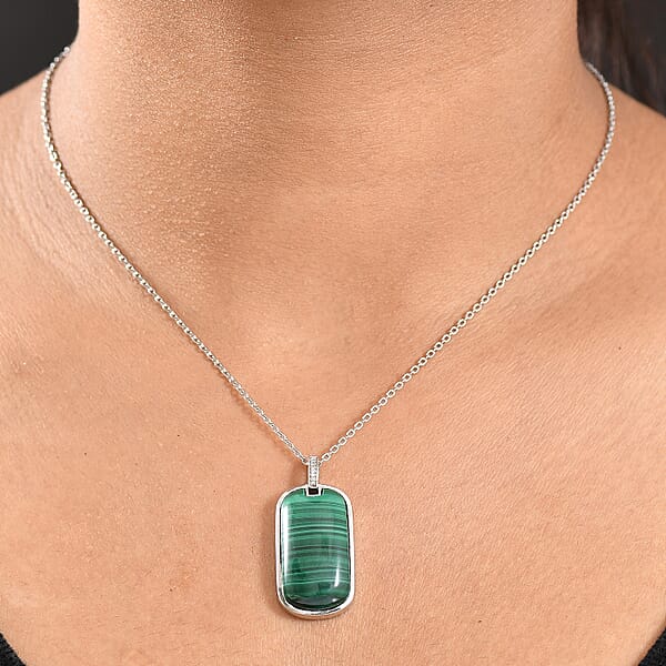 EverTrue African Malachite And White Zircon 28.40 Ctw Dogtag Pendant In Platinum Bond With Stainless Steel Necklace 24 Inches