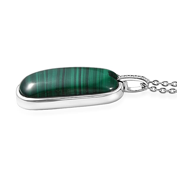 EverTrue African Malachite And White Zircon 28.40 Ctw Dogtag Pendant In Platinum Bond With Stainless Steel Necklace 24 Inches