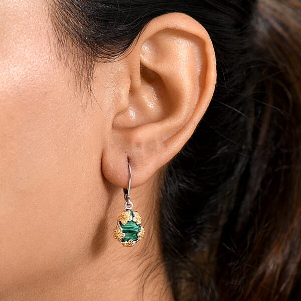 EverTrue African Malachite And White Zircon 9.75 Ctw Floral Earrings In 18K YG Plated And Platinum Bond