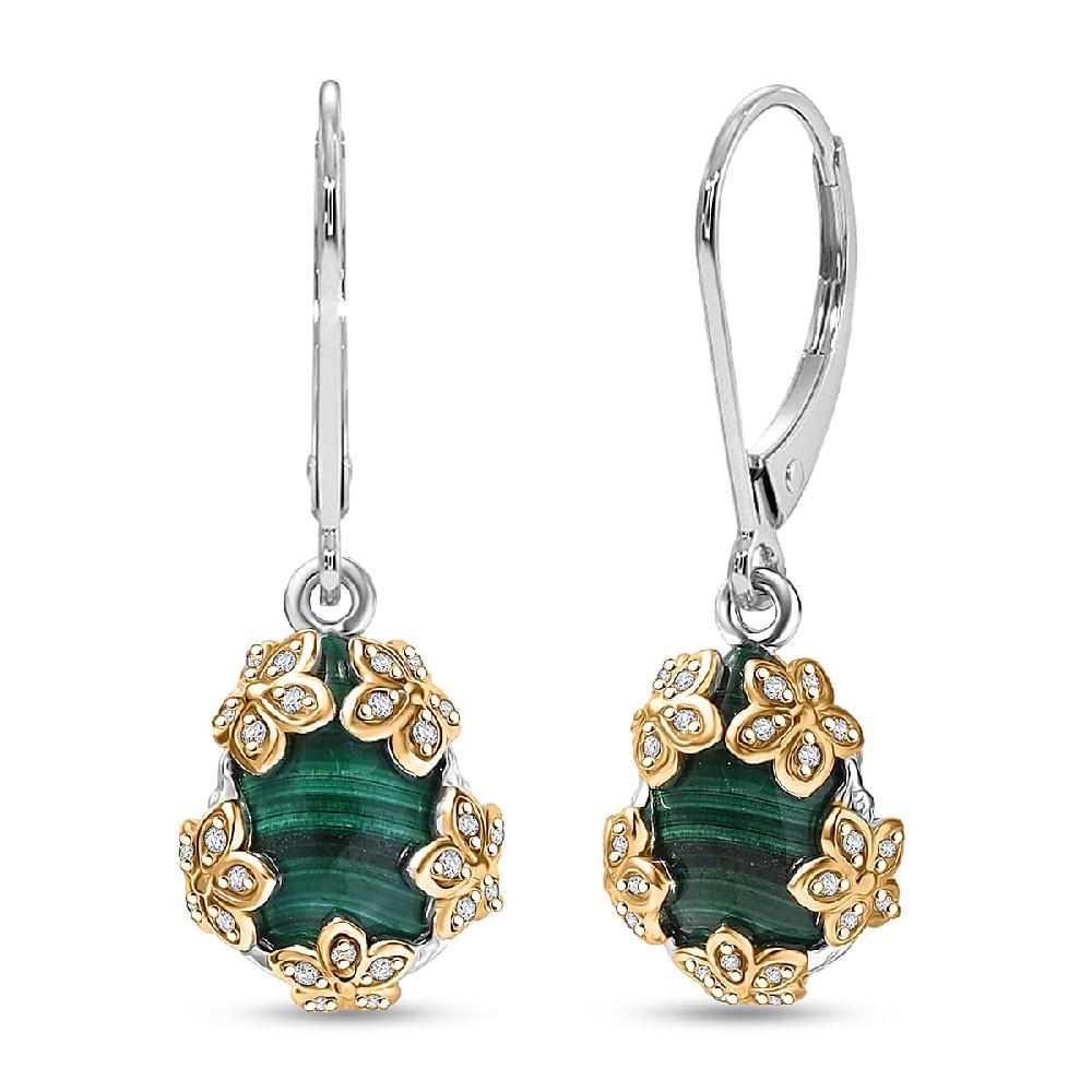 EverTrue African Malachite and White Zircon 9.75 ctw Floral Earrings in 18K YG Plated and Platinum Bond