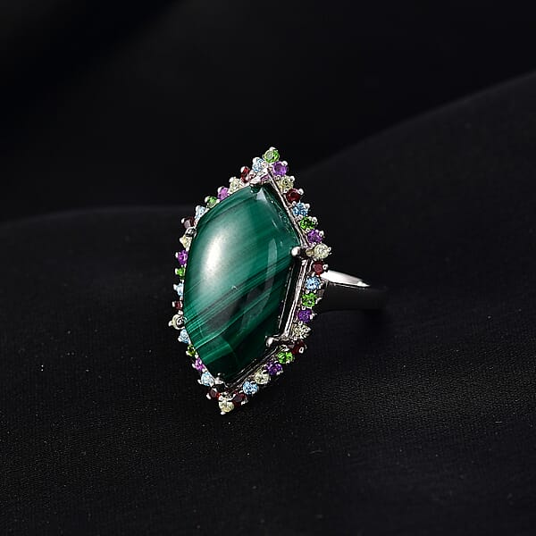 EverTrue African Malachite Multi Gemstone Ring In Platinum Bond 13.90 Ctw
